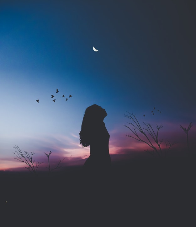 Silhouette of a woman looking to the night sky.