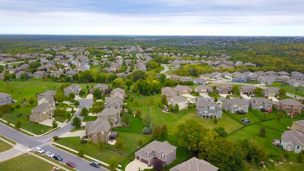 An overhead view of a neighborhood.