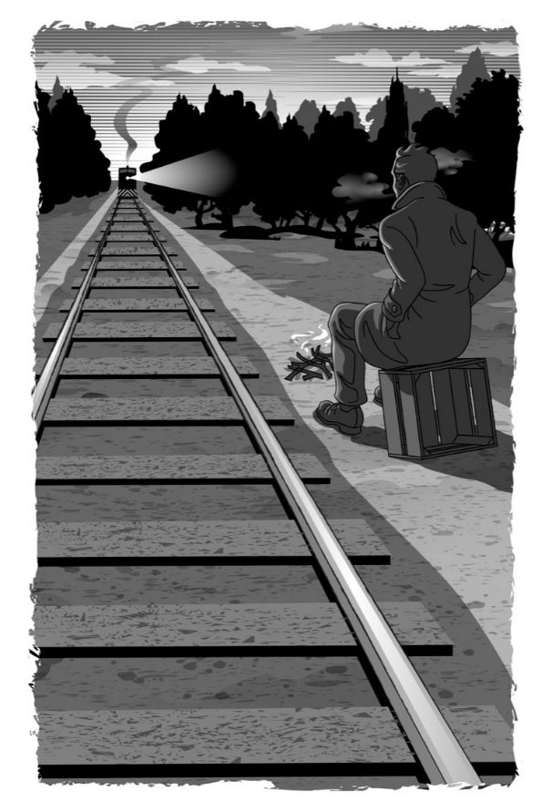 A drawing of a man sitting on a crate, waiting for the train in the distance
