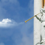 a statue of an angel appears to be blowing clouds into the sky from a horn