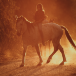 A partially silhouetted figure riding a horse at sunset
