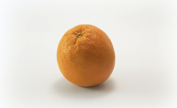 An orange in front of a white background
