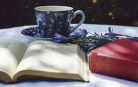 Two books, a cup and saucer and flowers on a table