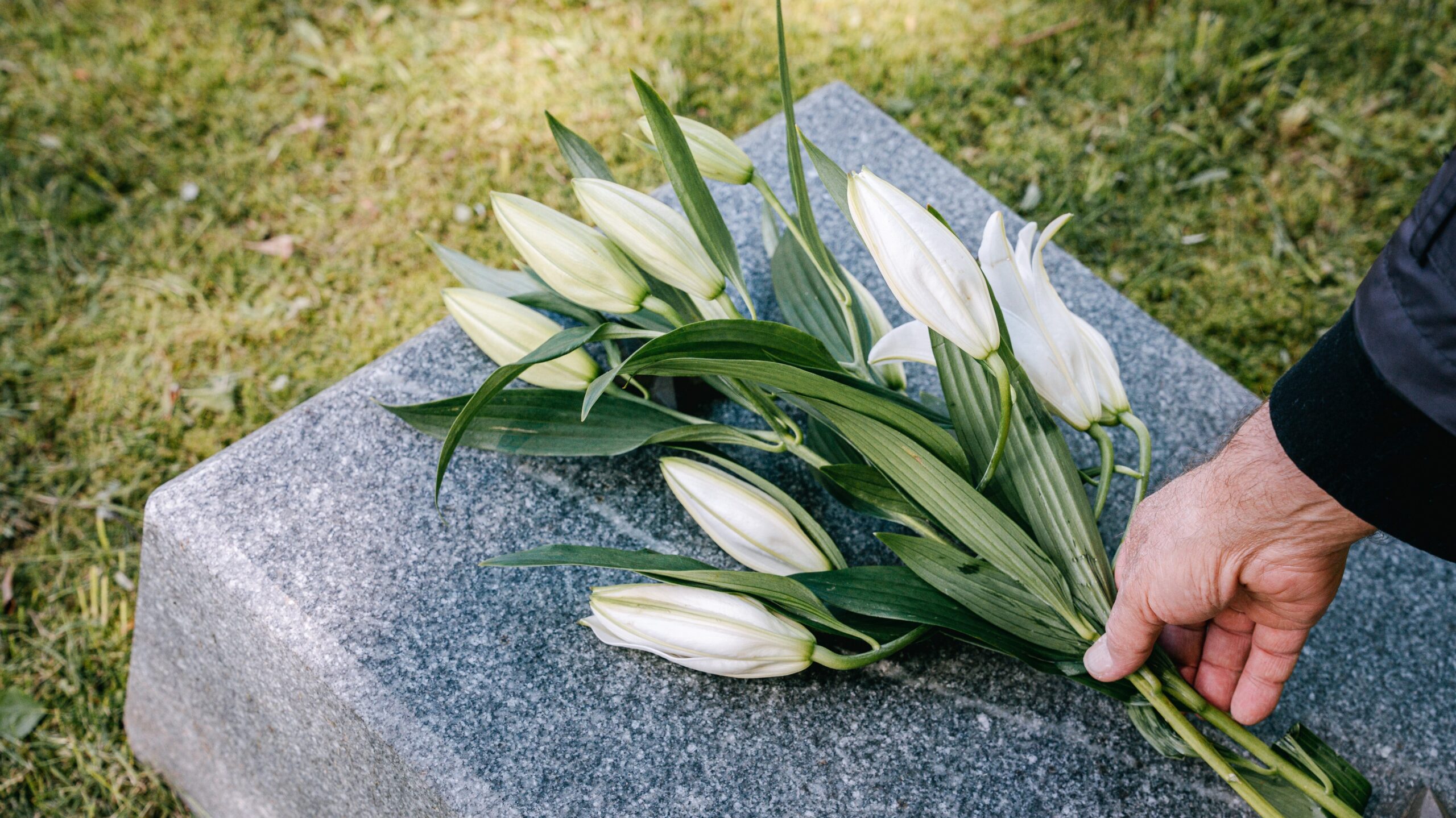 Flowers being placed on a grave